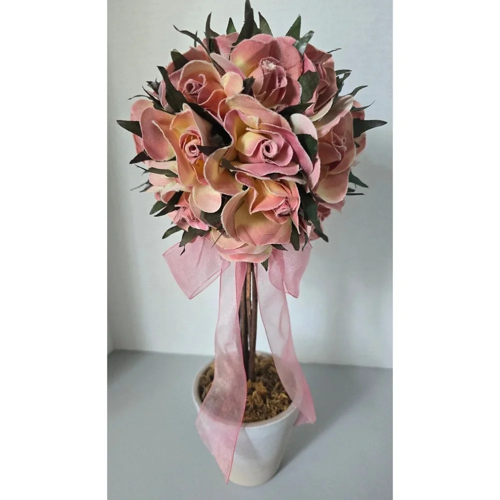 Pink Faux Rose Topiary Arrangement Whitewashed Pot Floral Home Decor 12 Inch